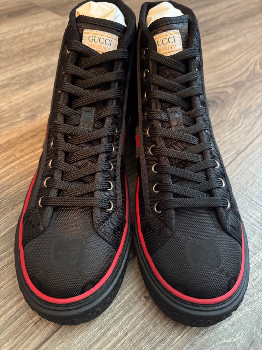 Gucci Men's Black High-Top Sneakers with Red & Green Web Stripe - Picture 6 of 12